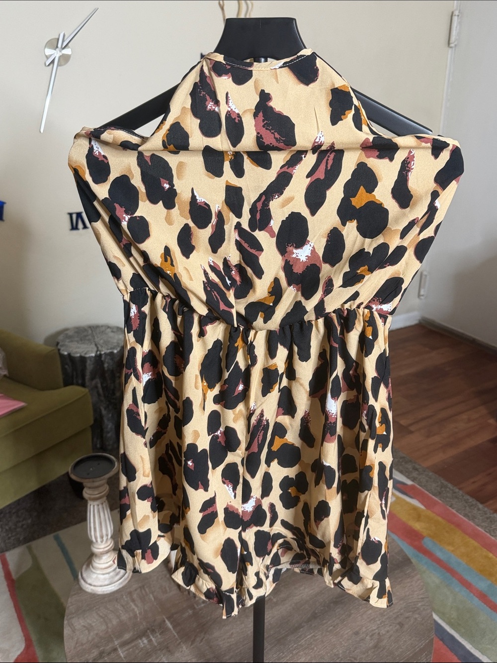 Leopard Print Halter Shorts Romper - Beige/Black